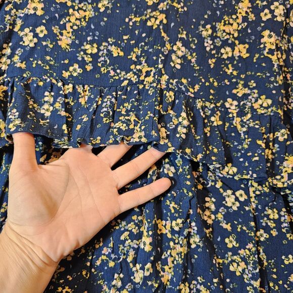 LC Lauren Conrad Blue W/ Yellow Floral High Low Ruffle Boho Tunic Large - Picture 9 of 10